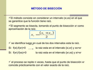 MÉTODO DE BISECCIÓN El método consiste en considerar un intervalo (xi,xs) en el que se garantice que la función tiene raíz.  El segmento se bisecta, tomando el punto de bisección xr como aproximación de la raíz.  se identifica luego en cual de los dos intervalos esta la raíz.  Si:  f(xi).f(xr)<0  la raiz esta en el intervalo {xi,xr} y xs=xr Si:  f(xr).f(xs)<0  la raiz esta en el intervalo {xr,xs} y xi=xr el proceso se repite n veces, hasta que el punto de bisección xr coincide prácticamente con el valor exacto de la raíz.  
