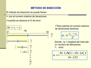 MÉTODO DE BISECCIÓN El método de bisección se puede frenar: con el numero máximo de iteraciones  cuando se alcanza el % de error  xi xs Para estimar el numero máximo de iteraciones tenemos  Donde:  ∆x = longitud del intervalo  n= numero de iteraciones error 
