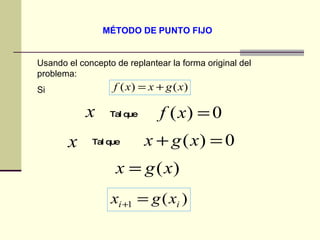 MÉTODO DE   PUNTO FIJO Usando el concepto de replantear la forma original del problema: Si Tal que Tal que 