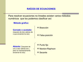RAÍCES DE ECUACIONES Para resolver ecuaciones no lineales existen varios métodos numéricos  que los podemos clasificar así: Método grafico   Cerrado o acotado:   (requiere de dos valores de x que encierren la raíz) Bisección Falsa posición  Abierto:  ( requiere de uno o dos valores de x, pero no necesariamente encierran la raíz) Punto fijo Newton-Raphson Secante 
