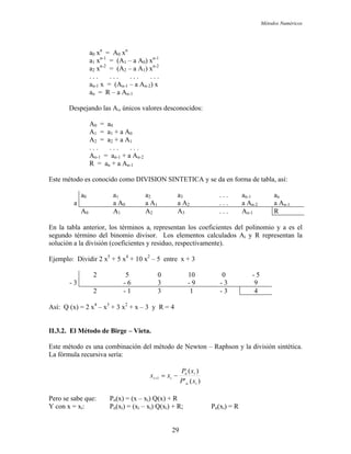 Métodos Numéricos
a0 xn
= A0 xn
a1 xn-1
= (A1 – a
n-2
A0) x
a2 x = (A2 – a A1) xn-2
an-1 x = (An-1 – a An-2) x
a An-1
os valores desconocidos:
A2 = a2 + a A1
An-1 = an-1 + a An-2
R = an + a An-1
ste método es conocido como DIV ION SIN TICA y se fo e tabla í:
n-1
. . . . . . . . . . . .
an = R –
Despejando las Ai, únic
A0 = a0
A1 = a1 + a A0
. . . . . . . . .
E IS TE da en rma d , as
a0 a1 a2 a3 . . . an-1 an
a a A0 a A1 a A2 . . . a An-2 a An-1
A0 A1 A2 A3 . . . An-1 R
En la tabla anterior, los términos ai representan los coeficientes del polinomio y a es el
gundo término del binomio divisor. Los elementos calculados Ai y R representan la
lución a la div ón (coef ntes y residuo, respectivamente)
jemplo: Dividir 2 x5
+ 5 10 x2
– 5 entre x + 3
10 0 - 5
se
so isi icie .
E x4
+
2 5 0
- 3 - 6 3 - 9 - 3 9
2 - 1 3 1 - 3 4
4 3 2
Así: Q (x) = 2 x – x + 3 x + x – 3 y R = 4
.3.2. El Método de Birge – Vieta.
Este método es una combinación del método de Newton – Raphson y la división sintética.
a fórmula recursiva sería:
II
L
)('
)(
1
n
ii
xP
xx −=+
in
i
xP
con x = xi: Pn(xi) = (xi – xi) Q(xi) + R; Pn(xi) = R
Pero se sabe que: Pn(x) = (x – xi) Q(x) + R
Y
29
 