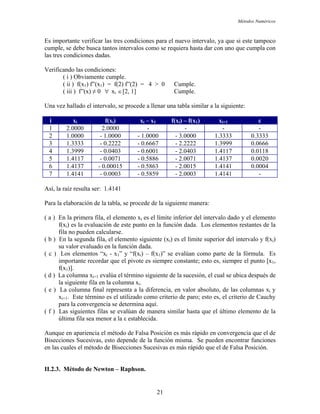 Métodos Numéricos
Es importante verificar las tres condiciones para el nuevo intervalo, ya que si este tampoco
umple, se debe busca tantos intervalos como se requiera hasta dar con uno que cumpla con
erificando las condiciones:
( ii ) f(x1) f”(x1) = f(2) f”(2) = 4 > 0 Cumple.
( iii ) f”(x) ≠ 0 2, 1]
Una vez hallado el int proc r una tabla similar a nte:
c
las tres condiciones dadas.
V
( i ) Obviamente cumple.
∀ xi ∈[ Cumple.
ervalo, se ede a llena la siguie
i xi f(xi) xi – x1 f(xi) – f(x1) xi+1 ε
1 2.0000 2.0000 - - - -
2 1.0000 - 1.0000 - 1.0000 - 3.0000 1.3333 0.3333
3 1.3333 - 0.2222 - 0.6667 - 2.2222 1.3999 0.0666
4 1.3999 - 0.0403 - 0.6001 - 2.0403 1.4117 0.0118
5 1.4117 - 0.0071 - 0.5886 - 2.0071 1.4137 0.0020
6 1.4137 - 0.00015 - 0.5863 - 2.0015 1.4141 0.0004
7 1.4141 - 0.0003 - 0.5859 - 2.0003 1.4141 -
Así, la raíz resulta ser: 1.4141
Para la elaboración de la tabla, se procede de la siguiente manera:
( a ) límite inferior del intervalo dado y el elemento
( b ) En la segunda fila, el elemento siguiente (xi) es el límite superior del intervalo y f(xi)
( c ) – f(x1)” se evalúan como parte de la fórmula. Es
( d ) nte de la sucesión, el cual se ubica después de
( e ) ncia, en valor absoluto, de las columnas xi y
xi+1. Este término es el utilizado como criterio de paro; esto es, el criterio de Cauchy
unque en apariencia el método de Falsa Posición es más rápido en convergencia que el de
a función misma. Se pueden encontrar funciones
n las cuales el método de Bisecciones Sucesivas es más rápido que el de Falsa Posición.
En la primera fila, el elemento xi es el
f(xi) es la evaluación de este punto en la función dada. Los elementos restantes de la
fila no pueden calcularse.
su valor evaluado en la función dada.
Los elementos “xi - x1” y “f(xi)
importante recordar que el pivote es siempre constante; esto es, siempre el punto [x1,
f(x1)].
La columna xi+1 evalúa el término siguie
la siguiente fila en la columna xi.
La columna final representa a la difere
para la convergencia se determina aquí.
( f ) Las siguientes filas se evalúan de manera similar hasta que el último elemento de la
última fila sea menor a la ε establecida.
A
Bisecciones Sucesivas, esto depende de l
e
II.2.3. Método de Newton – Raphson.
21
 
