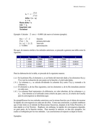 Métodos Numéricos
xi =
)('
)(xf
x −
xf
Hasta delta < ε
Imprimir raiz
delta = |x – xi|
x = xi
raiz = xi
Terminar
E o: Calcularjempl 2 con ε = 0.0001 (de nuevo el mismo ejemplo).
2
2] = [1, 2] intervalo
ε aproximación
De aquí, de man lar a dos an se proc nerar un como la
siguien
f(x) = x – 2 función
f’(x) = 2x primera derivada
[x1, x
= 0.0001
era simi los méto teriores, ede a ge a latab
te:
i xi f(xi) f’(xi) xi+1 ε
1 1.0000 - 1.0000 2.0000 1.5000 -
2 1.5000 0.2500 3.0000 1.4166 0.0834
3 1.4166 0.0067 2.8332 1.4142 0.0024
4 1.4142 - 0.00004 1.9999 1.4142 -
Para la elaboración de la tabla, se procede de la siguiente manera:
( a ) En la primera fila, el elemento xi es un límite del intervalo dado y los elementos f(xi) y
f’(xi) son la evaluación de este punto en la función y la derivada dadas.
( b ) La columna xi+1 se calcula dividiendo la columna f(xi) entre f’(xi) y restando a la
columna xi.
El elemento x( c ) los elementos xi de la fila inmediata anterior
er
lento es el método de Bisecciones Sucesivas, después el de Falsa Posición y el
es el de Newton – Raphson; sin embargo, la rapidez de convergencia depende,
n gran
cuales
jemplos:
i de las filas siguientes, son
en cada caso.
( d ) La columna final representa a la diferencia, en valor absoluto, de las columnas xi y
xi+1. Este término es el utilizado como criterio de paro; esto es, el criterio de Cauchy
para la convergencia se determina aquí.
Se ejemplificaron los tres métodos anteriores con la misma función con el objeto de mostrar
a rapidez de convergencia en cada uno de ellos. Como una conclusión, se puede establecl
que el más
más rápido
e parte, de la función misma. Para mostrar lo anterior, se dan dos ejemplos, los
se trabajarán por los tres métodos. Las conclusiones al respecto se dejan al lector.
E
23
 