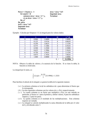 Métodos Numéricos
Para i = 2 hasta n – 1 área = área * h/3
Si i mod 2 = 0 Imprimir área
entonces área = área + 4 * yi Terminar
si_no área = área + 2 * yi
fin_si
fin_para
área = área * h/3
Imprimir área
Terminar
Ejemplo: Calcular por Simpson 1/3, la integral para los valores dados:
i x y m y * m
0 0.000 1.0000 1 1.0000
1 0.125 1.0156 4 4.0624
2 0.250 1.0625 2 2.1250
3 0.375 1.1406 4 4.5624
4 0.500 1.2500 2 2.5000
5 0.625 1.3906 4 5.5624
6 0.750 1.5625 2 3.1250
7 0.875 1.7656 4 7.0624
8 1.000 2.0000 1 2.0000
Σ = 31.9996
NOTA: Observe la tabla de valores y la ausencia de la función. Si se tiene la tabla, la
función es irrelevante.
La integral por lo tanto, es:
3333.1)9996.31(
3
125.0
)(
1
0
==∫ dxxf
Para facilitar el cálculo de la integral, se genera la tabla de la siguiente manera:
( a ) La primera columna es la de los subíndices de x para determinar el factor que
le corresponde.
( b ) Las dos siguientes columnas son los valores de x y f(x), respectivamente.
( c ) La cuarta columna es un factor que multiplica a f(x); en este método en
particular, el factor es 1 para el primero y último valores, 4 para los subíndices
impares y 2 para los pares.
( d ) La quinta columna es el resultado de las multiplicaciones. Esta columna
requiere ser sumada.
( e ) La integral se calcula multiplicando la suma obtenida de la tabla por el valor
de h y dividiendo entre 3.
78
 