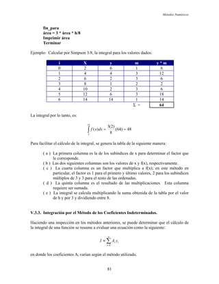 Métodos Numéricos
fin_para
área = 3 * área * h/8
Imprimir área
Terminar
Ejemplo: Calcular por Simpson 3/8, la integral para los valores dados:
i X y m y * m
0 2 6 1 6
1 4 4 3 12
2 6 2 3 6
3 8 1 2 2
4 10 2 3 6
5 12 6 3 18
6 14 14 1 14
Σ = 64
La integral por lo tanto, es:
48)64(
8
)2(3
)(
14
2
==∫ dxxf
Para facilitar el cálculo de la integral, se genera la tabla de la siguiente manera:
( a ) La primera columna es la de los subíndices de x para determinar el factor que
le corresponde.
( b ) Las dos siguientes columnas son los valores de x y f(x), respectivamente.
( c ) La cuarta columna es un factor que multiplica a f(x); en este método en
particular, el factor es 1 para el primero y último valores, 2 para los subíndices
múltiplos de 3 y 3 para el resto de las ordenadas.
( d ) La quinta columna es el resultado de las multiplicaciones. Esta columna
requiere ser sumada.
( e ) La integral se calcula multiplicando la suma obtenida de la tabla por el valor
de h y por 3 y dividiendo entre 8.
V.3.3. Integración por el Método de los Coeficientes Indeterminados.
Haciendo una inspección en los métodos anteriores, se puede determinar que el cálculo de
la integral de una función se resume a evaluar una ecuación como la siguiente:
∑=
≈
n
i
ii yAI
0
en donde los coeficientes Ai varían según el método utilizado.
81
 