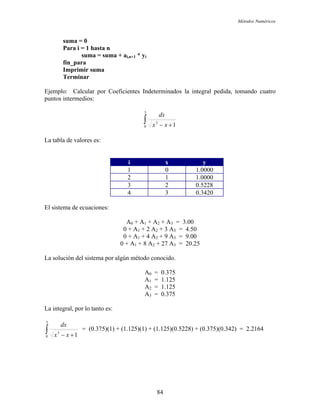 Métodos Numéricos
suma = 0
Para i = 1 hasta n
suma = suma + ai,n+1 * yi
fin_para
Imprimir suma
Terminar
Ejemplo: Calcular por Coeficientes Indeterminados la integral pedida, tomando cuatro
puntos intermedios:
∫ +−
3
0
3
1xx
dx
La tabla de valores es:
i x y
1 0 1.0000
2 1 1.0000
3 2 0.5228
4 3 0.3420
El sistema de ecuaciones:
A0 + A1 + A2 + A3 = 3.00
0 + A1 + 2 A2 + 3 A3 = 4.50
0 + A1 + 4 A2 + 9 A3 = 9.00
0 + A1 + 8 A2 + 27 A3 = 20.25
La solución del sistema por algún método conocido.
A0 = 0.375
A1 = 1.125
A2 = 1.125
A3 = 0.375
La integral, por lo tanto es:
∫ +−
3
0
3
1xx
dx
= (0.375)(1) + (1.125)(1) + (1.125)(0.5228) + (0.375)(0.342) = 2.2164
84
 