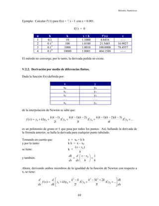 Métodos Numéricos
Ejemplo: Calcular f’(1) para f(x) = 3
1−x con ε = 0.001.
f(1) = 0
n h k x + h f’(x) ε
1 0.1 10 1.1000 4.6416 - - -
2 0.12
100 1.0100 21.5443 16.9027
3 0.13
1000 1.0010 100.0000 78.4557
4 0.14
10000 1.0001 464.1588 - - -
El método no converge; por lo tanto, la derivada pedida no existe.
V.2.2. Derivación por medio de diferencias finitas.
Dada la función f(x) definida por:
x y
x0 y0
x1 y1
x2 y2
. . . . . .
xn yn
de la interpolación de Newton se sabe que:
...
!4
)3)(2)(1(
!3
)2)(1(
!2
)1(
)( 0
4
0
3
0
2
00 +∆
−−−
+∆
−−
+∆
−
+∆+= y
kkkk
y
kkk
y
kk
ykyxf
es un polinomio de grano n+1 que pasa por todos los puntos. Así, hallando la derivada de
la fórmula anterior, se halla la derivada para cualquier punto tabulado.
Tomando en cuenta que: x = x0 + k h
y por lo tanto: k h = x – x0
se tiene: k =
h
xx )( 0−
y también.
hh
xx
dx
d
dx
dk 10
=⎟
⎠
⎞
⎜
⎝
⎛ −
=
Ahora, derivando ambos miembros de la igualdad de la función de Newton con respecto a
x, se tiene:
dx
dk
y
kkk
y
kk
yky
dk
d
xf
dx
d
⎥
⎦
⎤
⎢
⎣
⎡
+∆
+−
+∆
−
+∆+= ...
!3
23
!2
)( 0
3
23
0
2
2
00
69
 