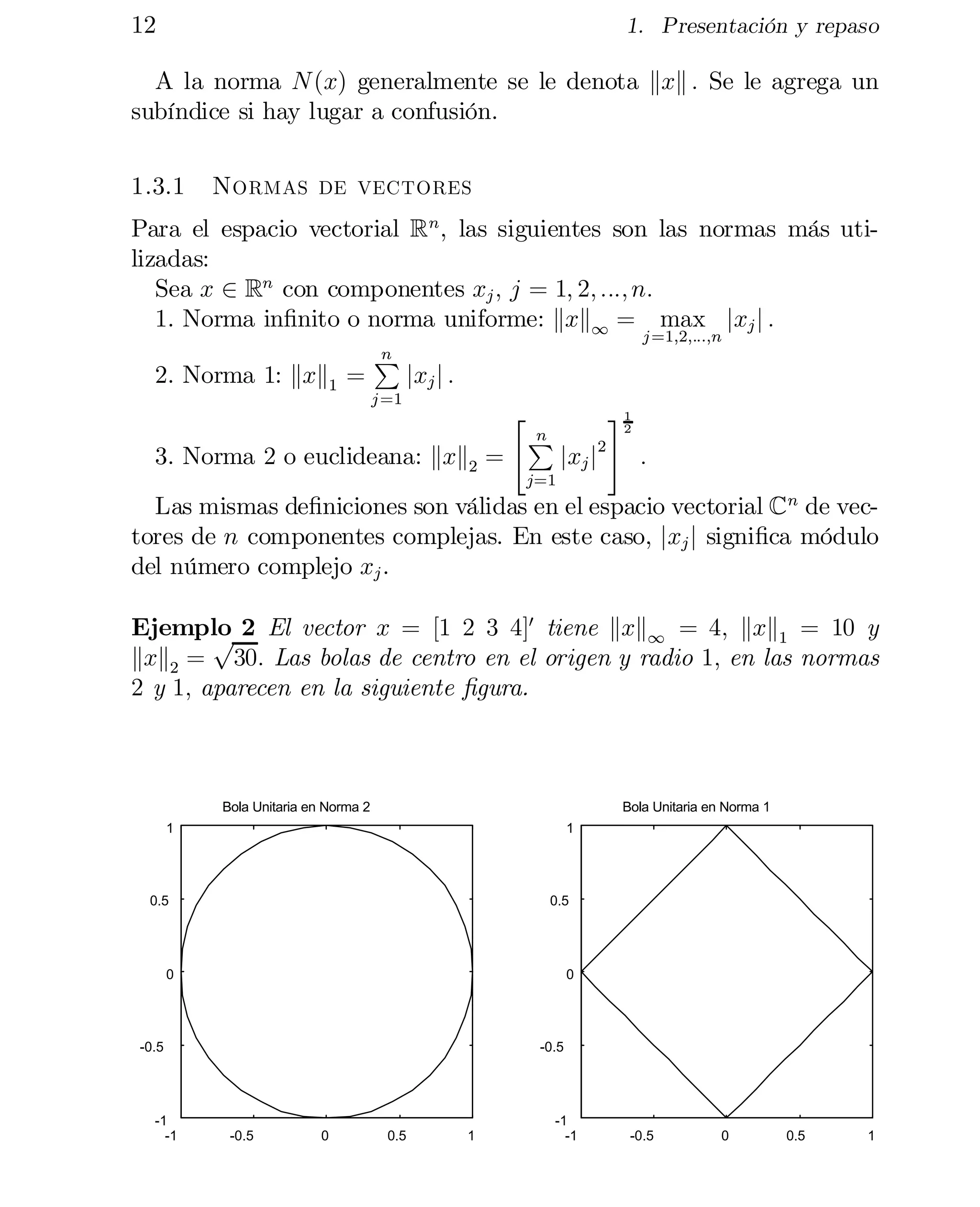 12

1. Presentación y repaso

A la norma N (x) generalmente se le denota kxk : Se le agrega un
subíndice si hay lugar a confusión.
1.3.1

Normas de vectores

Para el espacio vectorial Rn , las siguientes son las normas más uti­
lizadas:
Sea x 2 Rn con componentes xj ; j = 1; 2; :::; n:
1. Norma in…nito o norma uniforme: kxk1 = max jxj j :
j =1;2;:::;n
n
P
2. Norma 1: kxk1 =
jxj j :
j =1

3. Norma 2 o euclideana: kxk2 =

"

n
P

j=1

jxj j2

1
#2

:

Las mismas de…niciones son válidas en el espacio vectorial Cn de vec­
tores de n componentes complejas. En este caso, jxj j signi…ca módulo
del número complejo xj .
Ejemplo 2 El vector x = [1 2 3 4]0 tiene kxk1 = 4; kxk1 = 10 y
p
kxk2 = 30: Las bolas de centro en el origen y radio 1; en las normas
2 y 1; aparecen en la siguiente …gura.

Bola Unitaria en Norma 2

Bola Unitaria en Norma 1

1

1

0.5

0.5

0

0

-0.5

-1
-1

-0.5

-0.5

0

0.5

1

-1
-1

-0.5

0

0.5

1

 