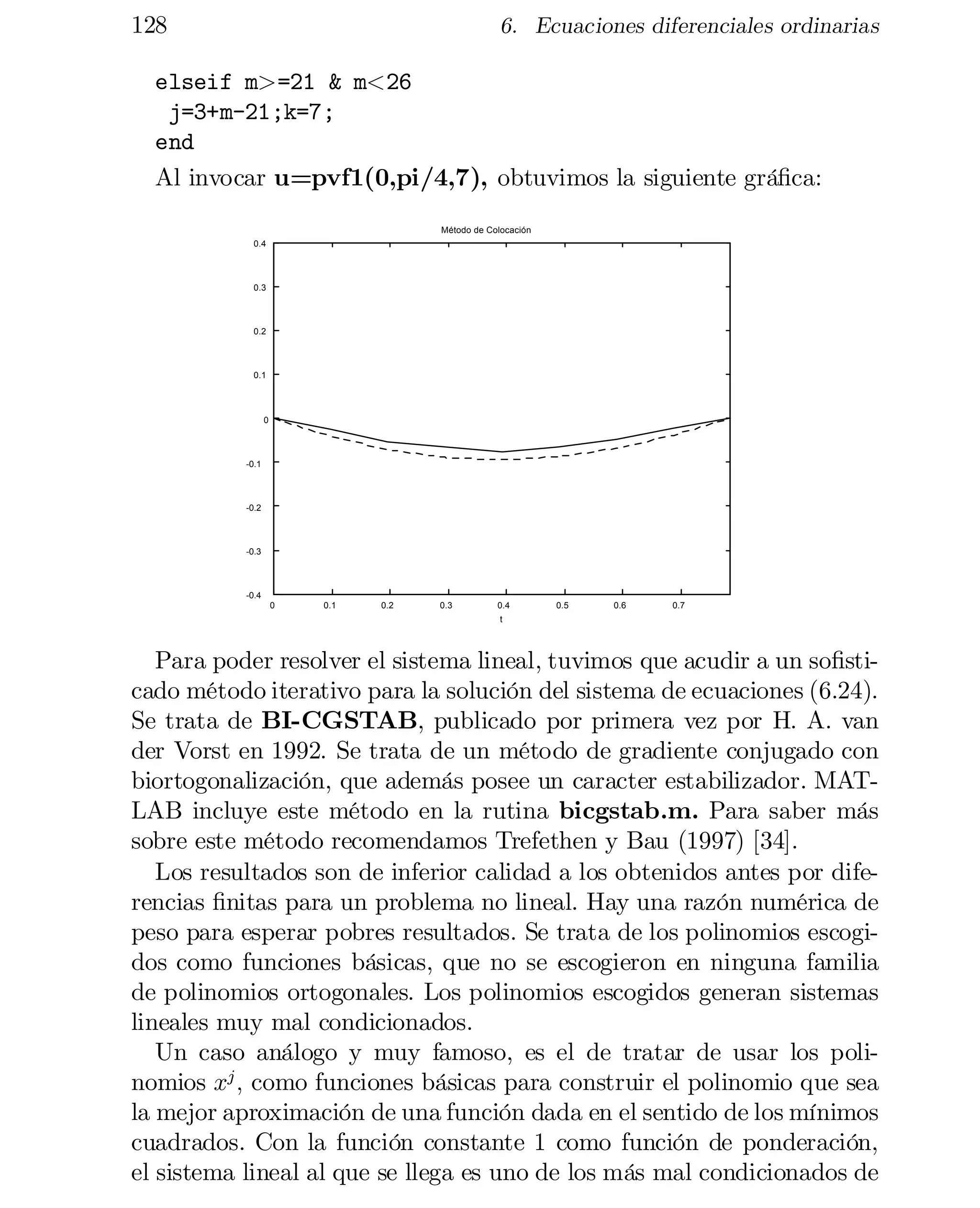 128

6. Ecuaciones diferenciales ordinarias

elseif m>=21 & m<26

j=3+m-21;k=7;

end

Al invocar u=pvf1(0,pi/4,7), obtuvimos la siguiente grá…ca:
Método de Colocación
0.4

0.3

0.2

0.1

0

-0.1

-0.2

-0.3

-0.4
0	

0.1

0.2

0.3

0.4

0.5

0.6

0.7

t

Para poder resolver el sistema lineal, tuvimos que acudir a un so…sticado método iterativo para la solución del sistema de ecuaciones (6.24).
Se trata de BI-CGSTAB, publicado por primera vez por H. A. van
der Vorst en 1992. Se trata de un método de gradiente conjugado con
biortogonalización, que además posee un caracter estabilizador. MAT­
LAB incluye este método en la rutina bicgstab.m. Para saber más
sobre este método recomendamos Trefethen y Bau (1997) [34].
Los resultados son de inferior calidad a los obtenidos antes por dife­
rencias …nitas para un problema no lineal. Hay una razón numérica de
peso para esperar pobres resultados. Se trata de los polinomios escogi­
dos como funciones básicas, que no se escogieron en ninguna familia
de polinomios ortogonales. Los polinomios escogidos generan sistemas
lineales muy mal condicionados.
Un caso análogo y muy famoso, es el de tratar de usar los poli­
nomios xj ; como funciones básicas para construir el polinomio que sea
la mejor aproximación de una función dada en el sentido de los mínimos
cuadrados. Con la función constante 1 como función de ponderación,
el sistema lineal al que se llega es uno de los más mal condicionados de

 