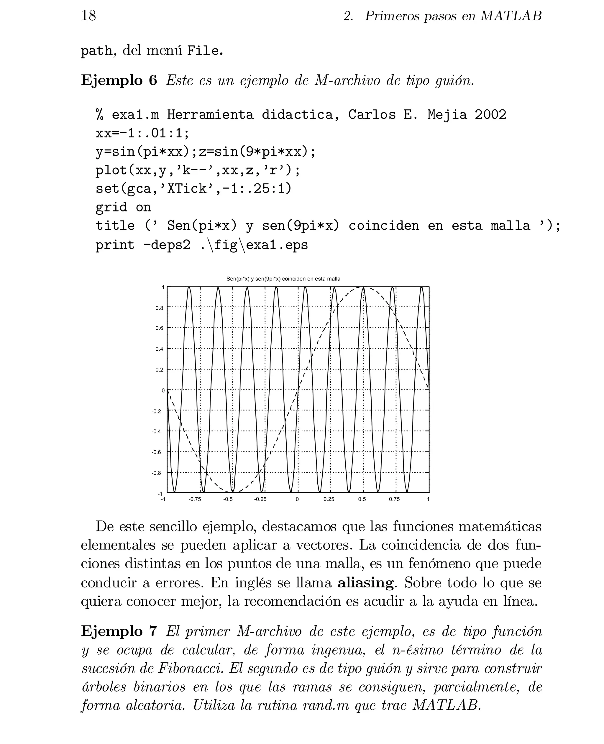 18

2. Primeros pasos en MATLAB

path, del menú File.
Ejemplo 6 Este es un ejemplo de M-archivo de tipo guión.
% exa1.m Herramienta didactica, Carlos E. Mejia 2002

xx=-1:.01:1;

y=sin(pi*xx);z=sin(9*pi*xx);

plot(xx,y,’k--’,xx,z,’r’);

set(gca,’XTick’,-1:.25:1)

grid on

title (’ Sen(pi*x) y sen(9pi*x) coinciden en esta malla ’);

print -deps2 .nfignexa1.eps

Sen(pi*x) y sen(9pi*x) coinciden en esta malla
1

0.8

0.6

0.4

0.2

0

-0.2

-0.4

-0.6

-0.8

-1
-1

-0.75

-0.5

-0.25

0

0.25

0.5

0.75

1

De este sencillo ejemplo, destacamos que las funciones matemáticas
elementales se pueden aplicar a vectores. La coincidencia de dos fun­
ciones distintas en los puntos de una malla, es un fenómeno que puede
conducir a errores. En inglés se llama aliasing. Sobre todo lo que se
quiera conocer mejor, la recomendación es acudir a la ayuda en línea.
Ejemplo 7 El primer M-archivo de este ejemplo, es de tipo función
y se ocupa de calcular, de forma ingenua, el n-ésimo término de la
sucesión de Fibonacci. El segundo es de tipo guión y sirve para construir
árboles binarios en los que las ramas se consiguen, parcialmente, de
forma aleatoria. Utiliza la rutina rand.m que trae MATLAB.

 