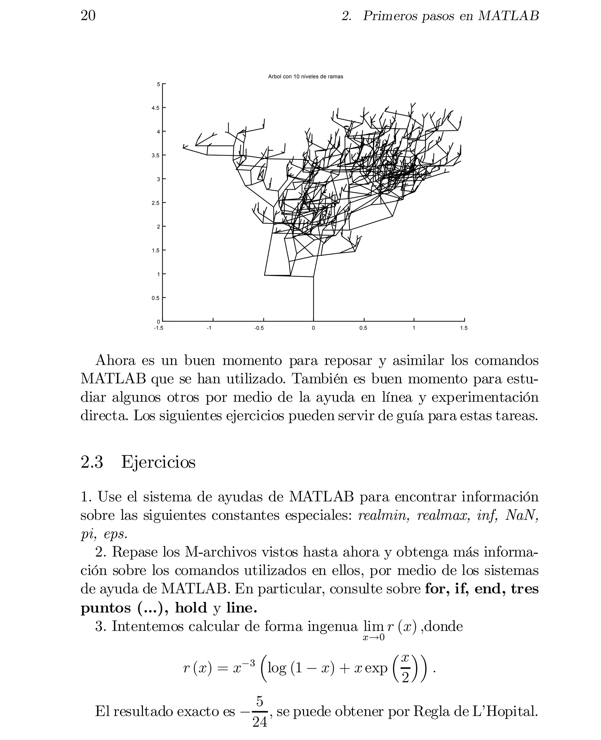 20

2. Primeros pasos en MATLAB

Arbol con 10 niveles de ramas

5


4.5

4

3.5

3

2.5

2

1.5

1

0.5

0
-1.5

-1

-0.5

0

0.5

1

1.5

Ahora es un buen momento para reposar y asimilar los comandos
MATLAB que se han utilizado. También es buen momento para estu­
diar algunos otros por medio de la ayuda en línea y experimentación
directa. Los siguientes ejercicios pueden servir de guía para estas tareas.

2.3 Ejercicios
1. Use el sistema de ayudas de MATLAB para encontrar información
sobre las siguientes constantes especiales: realmin, realmax, inf, NaN,
pi, eps.
2. Repase los M-archivos vistos hasta ahora y obtenga más informa­
ción sobre los comandos utilizados en ellos, por medio de los sistemas
de ayuda de MATLAB. En particular, consulte sobre for, if, end, tres
puntos (...), hold y line.
3. Intentemos calcular de forma ingenua lim r (x) ;donde
x!0

³

r (x) = x¡3 log (1 ¡ x) + x exp
El resultado exacto es ¡

³ x ´´
2

:

5
; se puede obtener por Regla de L’Hopital.
24

 