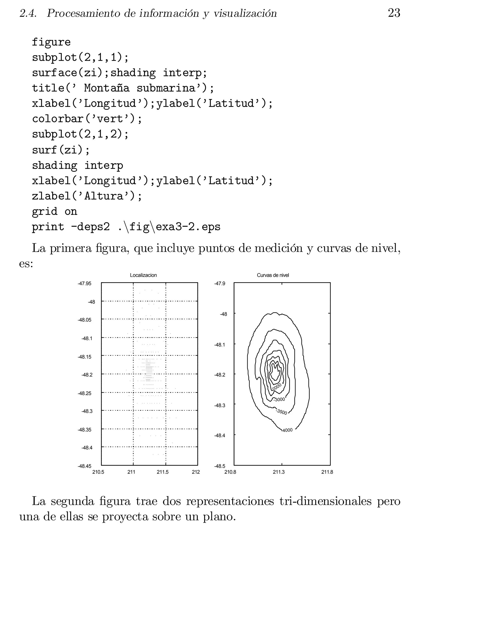 23

2.4. Procesamiento de información y visualización

figure

subplot(2,1,1);

surface(zi);shading interp;

title(’ Montaña submarina’);

xlabel(’Longitud’);ylabel(’Latitud’);

colorbar(’vert’);

subplot(2,1,2);

surf(zi);

shading interp

xlabel(’Longitud’);ylabel(’Latitud’);

zlabel(’Altura’);

grid on

print -deps2 .nfignexa3-2.eps

La primera …gura, que incluye puntos de medición y curvas de nivel,
es:
Localizacion

Curvas de nivel

-47.95

-47.9

-48
-48
-48.05

-48.1
-48.1
-48.15

-48.2

-48.2
-2

-48.25

00

0

-3000

-48.3
-350

-48.3

-48.35

0

-4000

-48.4
-48.4

-48.45
210.5

211

211.5

212

-48.5
210.8

211.3

211.8

La segunda …gura trae dos representaciones tri-dimensionales pero
una de ellas se proyecta sobre un plano.

 