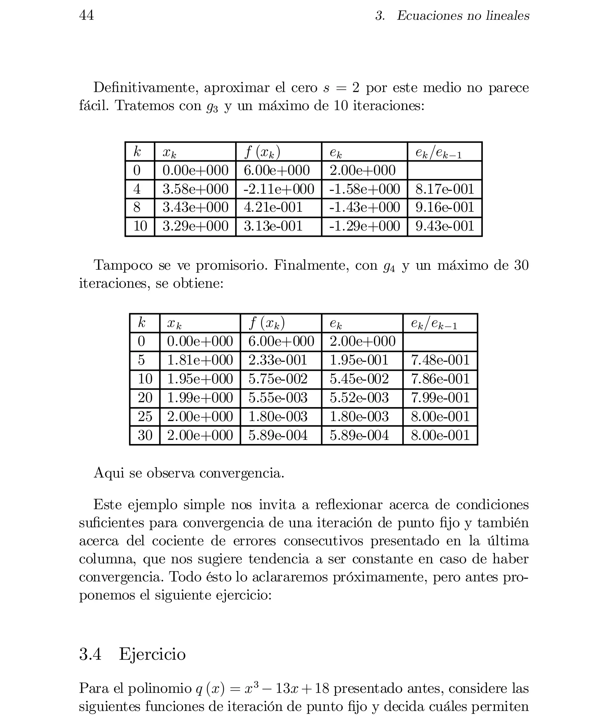 44

3. Ecuaciones no lineales

De…nitivamente, aproximar el cero s = 2 por este medio no parece
fácil. Tratemos con g3 y un máximo de 10 iteraciones:
k
0
4
8
10

xk
0.00e+000
3.58e+000
3.43e+000
3.29e+000

f (xk )
6.00e+000
-2.11e+000
4.21e-001
3.13e-001

ek
2.00e+000
-1.58e+000
-1.43e+000
-1.29e+000

ek =ek ¡1
8.17e-001
9.16e-001
9.43e-001

Tampoco se ve promisorio. Finalmente, con g4 y un máximo de 30
iteraciones, se obtiene:
k
0
5
10
20
25
30

xk
0.00e+000
1.81e+000
1.95e+000
1.99e+000
2.00e+000
2.00e+000

f (xk )
6.00e+000
2.33e-001
5.75e-002
5.55e-003
1.80e-003
5.89e-004

ek
2.00e+000
1.95e-001
5.45e-002
5.52e-003
1.80e-003
5.89e-004

ek =ek ¡1
7.48e-001
7.86e-001
7.99e-001
8.00e-001
8.00e-001

Aqui se observa convergencia.
Este ejemplo simple nos invita a re‡exionar acerca de condiciones
su…cientes para convergencia de una iteración de punto …jo y también
acerca del cociente de errores consecutivos presentado en la última
columna, que nos sugiere tendencia a ser constante en caso de haber
convergencia. Todo ésto lo aclararemos próximamente, pero antes pro­
ponemos el siguiente ejercicio:

3.4 Ejercicio
Para el polinomio q (x) = x 3 ¡ 13x + 18 presentado antes, considere las
siguientes funciones de iteración de punto …jo y decida cuáles permiten

 
