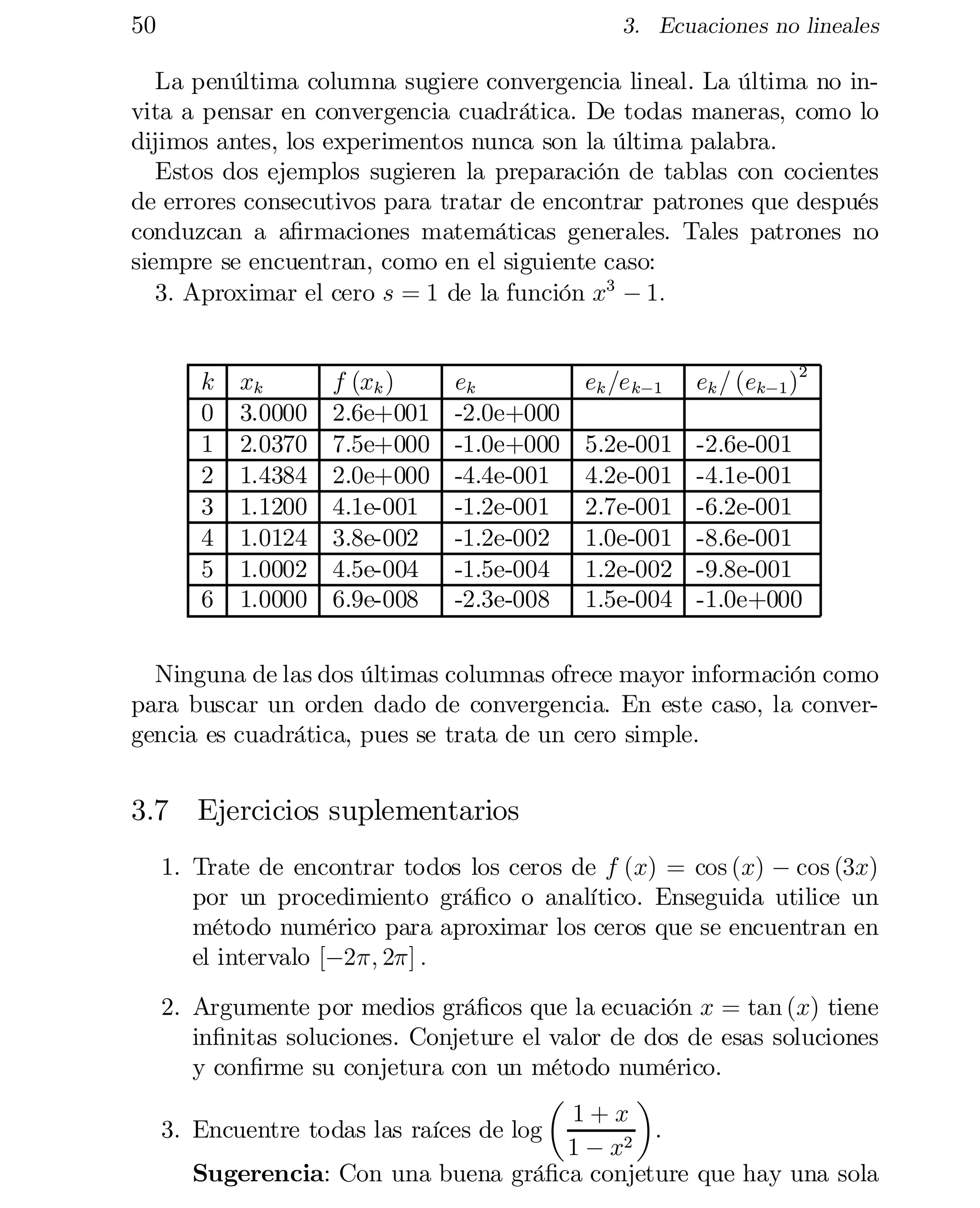 50

3. Ecuaciones no lineales

La penúltima columna sugiere convergencia lineal. La última no invita a pensar en convergencia cuadrática. De todas maneras, como lo
dijimos antes, los experimentos nunca son la última palabra.
Estos dos ejemplos sugieren la preparación de tablas con cocientes
de errores consecutivos para tratar de encontrar patrones que después
conduzcan a a…rmaciones matemáticas generales. Tales patrones no
siempre se encuentran, como en el siguiente caso:
3. Aproximar el cero s = 1 de la función x3 ¡ 1:
k
0
1
2
3
4
5
6

xk
3.0000
2.0370
1.4384
1.1200
1.0124
1.0002
1.0000

f (xk )
2.6e+001
7.5e+000
2.0e+000
4.1e-001
3.8e-002
4.5e-004
6.9e-008

ek
-2.0e+000
-1.0e+000
-4.4e-001
-1.2e-001
-1.2e-002
-1.5e-004
-2.3e-008

ek =e k¡1

ek = (ek¡1 )2

5.2e-001
4.2e-001
2.7e-001
1.0e-001
1.2e-002
1.5e-004

-2.6e-001
-4.1e-001
-6.2e-001
-8.6e-001
-9.8e-001
-1.0e+000

Ninguna de las dos últimas columnas ofrece mayor información como
para buscar un orden dado de convergencia. En este caso, la conver­
gencia es cuadrática, pues se trata de un cero simple.

3.7 Ejercicios suplementarios
1. Trate de encontrar todos los ceros de f (x) = cos (x) ¡ cos (3x)
por un procedimiento grá…co o analítico. Enseguida utilice un
método numérico para aproximar los ceros que se encuentran en
el intervalo [¡2¼; 2¼] :
2. Argumente por medios grá…cos que la ecuación x = tan (x) tiene
in…nitas soluciones. Conjeture el valor de dos de esas soluciones
y con…rme su conjetura con un método numérico.
µ
¶
1+x
3. Encuentre todas las raíces de log
.
1 ¡ x2
Sugerencia: Con una buena grá…ca conjeture que hay una sola

 