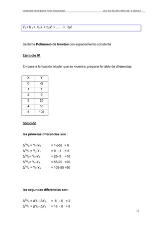 METODOS NUMERICOS PARA INGENIERIA ING. RICARDO SEMINARIO VASQUEZ 
13 
Yk = b 0 + b1x + b2x2 + ..... .+ bjxj 
Se llama Polinomio de Newton con espaciamiento constante 
Ejercicio 01 
En base a la función tabular que se muestra, preparar la tabla de diferencias: 
X Y 
0 -5 
1 1 
2 9 
3 25 
4 55 
5 105 
Solución 
las primeras diferencias son : 
Δ1Y0 = Y1-Y0 = 1-(-5) = 6 
Δ1Y1 = Y2-Y1 = 9 - 1 = 8 
Δ1Y2= Y3-Y2 = 25- 9 =16 
Δ1Y3= Y4-Y3 = 55-25 =30 
Δ1Y4 = Y5-Y4 = 105-55 =50 
las segundas diferencias son : 
Δ2Y0 = ΔY1- ΔY0 = 8 - 6 = 2 
Δ2Y1 = ΔY2- ΔY1 = 16 - 8 = 8 
 