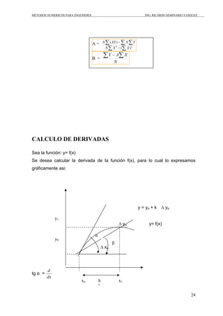 METODOS NUMERICOS PARA INGENIERIA ING. RICARDO SEMINARIO VASQUEZ 
24 
Σ Σ Σ 
N XY X Y 
( ) 
N X X 
ΣY − AΣX 
CALCULO DE DERIVADAS 
− 
2 ( )2 
Sea la función: y= f(x) 
Se desea calcular la derivada de la función f(x), para lo cual lo expresamos 
gráficamente asi: 
+ k Δ yo 
y = yo 
Δ yo y= f(x) 
Δ xo 
d 
tg α = f (x) 
dx 
A = 
Σ − 
Σ 
B = 
N 
α 
β 
xo h x1 
h 
y1 
y0 
 