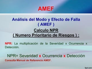 AMEF
Análisis del Modo y Efecto de Falla
( AMEF )
Calculo NPR
( Numero Prioritario de Riesgos ) :
NPR: La multiplicación de la Severidad x Ocurrencia x
Detección.
NPR= Severidad x Ocurrencia x Detección
Consulta Manual de Referencia AMEF.
 