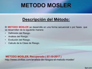 METODO MOSLER
Descripción del Método:
El METODO MOSLER se desarrolla en una forma secuencial o por fases que
se desarrollan de la siguiente manera:
• Definición del Riesgo.
• Análisis del Riesgo.
• Evolución del Riesgo.
• Calculo de la Clase de Riesgo.
METODO MOSLER. Recuperado ( 07-10-2017 )
http://www.civittas.com/analisis-de-riesgos-el-metodo-mosler/
 