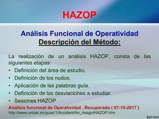 HAZOP
Análisis Funcional de Operatividad
Descripción del Método:
La realización de un análisis HAZOP, consta de las
siguientes etapas:
• Definición del área de estudio.
• Definición de los nudos.
• Aplicación de las palabras guía.
• Definición de las desviaciones a estudiar.
• Sesiones HAZOP
Analisis funcional de Operatividad . Recuperado ( 07-10-2017 )
http://www.unizar.es/guiar/1/Accident/An_riesgo/HAZOP.htm
 