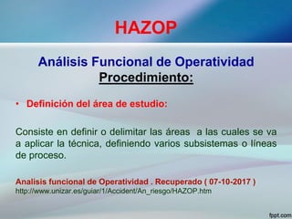 HAZOP
Análisis Funcional de Operatividad
Procedimiento:
• Definición del área de estudio:
Consiste en definir o delimitar las áreas a las cuales se va
a aplicar la técnica, definiendo varios subsistemas o líneas
de proceso.
Analisis funcional de Operatividad . Recuperado ( 07-10-2017 )
http://www.unizar.es/guiar/1/Accident/An_riesgo/HAZOP.htm
 