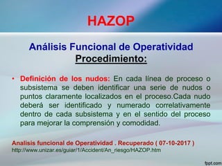HAZOP
Análisis Funcional de Operatividad
Procedimiento:
• Definición de los nudos: En cada línea de proceso o
subsistema se deben identificar una serie de nudos o
puntos claramente localizados en el proceso.Cada nudo
deberá ser identificado y numerado correlativamente
dentro de cada subsistema y en el sentido del proceso
para mejorar la comprensión y comodidad.
Analisis funcional de Operatividad . Recuperado ( 07-10-2017 )
http://www.unizar.es/guiar/1/Accident/An_riesgo/HAZOP.htm
 