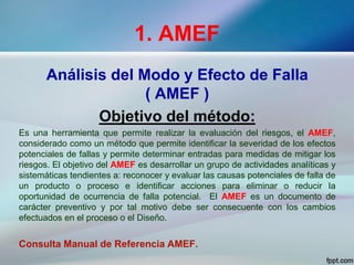1. AMEF
Análisis del Modo y Efecto de Falla
( AMEF )
Objetivo del método:
Es una herramienta que permite realizar la evaluación del riesgos, el AMEF,
considerado como un método que permite identificar la severidad de los efectos
potenciales de fallas y permite determinar entradas para medidas de mitigar los
riesgos. El objetivo del AMEF es desarrollar un grupo de actividades analíticas y
sistemáticas tendientes a: reconocer y evaluar las causas potenciales de falla de
un producto o proceso e identificar acciones para eliminar o reducir la
oportunidad de ocurrencia de falla potencial. El AMEF es un documento de
carácter preventivo y por tal motivo debe ser consecuente con los cambios
efectuados en el proceso o el Diseño.
Consulta Manual de Referencia AMEF.
 