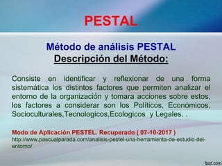 PESTAL
Método de análisis PESTAL
Descripción del Método:
Consiste en identificar y reflexionar de una forma
sistemática los distintos factores que permiten analizar el
entorno de la organización y tomara acciones sobre estos,
los factores a considerar son los Políticos, Económicos,
Socioculturales,Tecnologicos,Ecologicos y Legales. .
Modo de Aplicación PESTEL. Recuperado ( 07-10-2017 )
http://www.pascualparada.com/analisis-pestel-una-herramienta-de-estudio-del-
entorno/
 