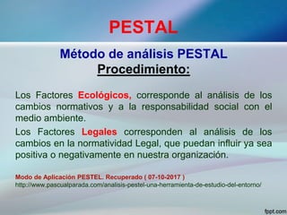 PESTAL
Método de análisis PESTAL
Procedimiento:
Los Factores Ecológicos, corresponde al análisis de los
cambios normativos y a la responsabilidad social con el
medio ambiente.
Los Factores Legales corresponden al análisis de los
cambios en la normatividad Legal, que puedan influir ya sea
positiva o negativamente en nuestra organización.
Modo de Aplicación PESTEL. Recuperado ( 07-10-2017 )
http://www.pascualparada.com/analisis-pestel-una-herramienta-de-estudio-del-entorno/
 