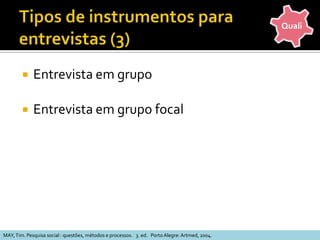 Registro e Análise dos Dados Qualitativos (1)Anotar ou gravar as ações e/ou manifestações dos sujeitosOrganizar e preparar os dados para análise (transcrever as entrevistas, organizar as observações)STUMPF, Ida R.C. Estudos de Usuários: aspectos metodológicosGIBBS, G. Análise de dados qualitativos. Porto Alegre: Artmed, 2009.