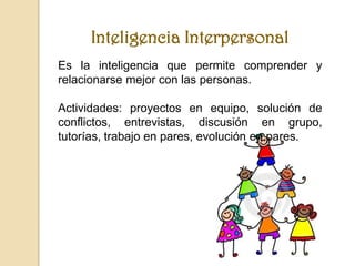 Inteligencia Interpersonal
Es la inteligencia que permite comprender y
relacionarse mejor con las personas.

Actividades: proyectos en equipo, solución de
conflictos, entrevistas, discusión en grupo,
tutorías, trabajo en pares, evolución en pares.
 