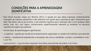 CONDIÇÕES PARA A APRENDIZAGEM
SIGNIFICATIVA
• Para David Ausubel, citado por Moreira (2011), é aquela em que ideias expressas simbolicamente
interagem de maneira substantiva e não arbitrária com aquilo que o aprendiz já sabe. Substantiva quer
dizer não literal, não ao pé da letra, e não arbitrária significa que a interação não é com qualquer ideia
prévia, mas, sim, com algum conhecimento especificamente relevante já existente na estrutura
cognitiva do sujeito que aprende.
• Há três tipos de aprendizagens significativas:
• a cognitiva – aquela que resulta do armazenamento organizado no cérebro do indivíduo que aprende;
• a afetiva – resultante de experiências e sensações, tais como a satisfação, o prazer, a ansiedade e a dor;
e, por fim,
• a psicomotora – a que envolve respostas musculares provenientes da prática e do treino.
 