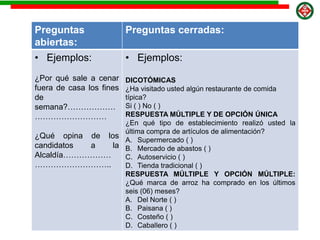 Preguntas
abiertas:
Preguntas cerradas:
• Ejemplos:
¿Por qué sale a cenar
fuera de casa los fines
de
semana?………………
………………………
¿Qué opina de los
candidatos a la
Alcaldía………………
………………………..
• Ejemplos:
DICOTÓMICAS
¿Ha visitado usted algún restaurante de comida
típica?
Si ( ) No ( )
RESPUESTA MÚLTIPLE Y DE OPCIÓN ÚNICA
¿En qué tipo de establecimiento realizó usted la
última compra de artículos de alimentación?
A. Supermercado ( )
B. Mercado de abastos ( )
C. Autoservicio ( )
D. Tienda tradicional ( )
RESPUESTA MÚLTIPLE Y OPCIÓN MÚLTIPLE:
¿Qué marca de arroz ha comprado en los últimos
seis (06) meses?
A. Del Norte ( )
B. Paisana ( )
C. Costeño ( )
D. Caballero ( )
 