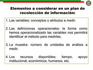 1. Las variables: conceptos o atributos a medir.
2. Las definiciones operacionales: la forma como
hemos operacionalizado las variables nos permitirá
identificar el método para medirlas.
3. La muestra: número de unidades de análisis a
medir.
4. Los recursos disponibles: tiempo, apoyo
institucional, económicos, humanos, etc.
Elementos a considerar en un plan de
recolección de información:
 