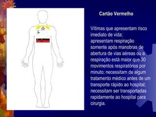 Vítimas que apresentam risco
imediato de vida;
apresentam respiração
somente após manobras de
abertura de vias aéreas ou a
respiração está maior que 30
movimentos respiratórios por
minuto; necessitam de algum
tratamento médico antes de um
transporte rápido ao hospital;
necessitam ser transportadas
rapidamente ao hospital para
cirurgia.
Cartão VermelhoCartão Vermelho
 