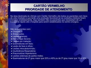  Na área destinada às vítimas com Cartão Vermelho vão todos os pacientes com risco
de vida imediato e que terão uma evolução favorável se os cuidados médicos forem
iniciados imediatamente. Aqui também irão os pacientes que necessitam de um
transporte rápido até o hospital para serem estabilizados no centro cirúrgico.
 São os pacientes com:
● Choque;
● Amputações.
● Lesões arteriais;
● Hemorragia Severa;
● Lesões por inalação;
● Queimaduras em face;
● Lesão de face e olhos;
● Lesões intra-abdominais;
● Insuficiência Respiratória;
● Pneumotórax Hipertensivo
● Lesões extensas de partes moles;
● Queimaduras de 2º grau maior que 20% a 40%,ou de 3º grau maior que 10 a 30%;
CARTÃO VERMELHOCARTÃO VERMELHO
PRIORIDADE DE ATENDIMENTOPRIORIDADE DE ATENDIMENTO
 