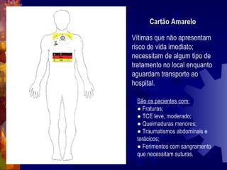 Vítimas que não apresentam risco de vida imediato; necessitam de algum tipo de tratamento no local enquanto aguardam transporte ao hospital. Cartão Amarelo São os pacientes com: ●  Fraturas; ●  TCE leve, moderado; ●  Queimaduras menores; ●  Traumatismos abdominais e torácicos; ●  Ferimentos com sangramento que necessitam suturas. 