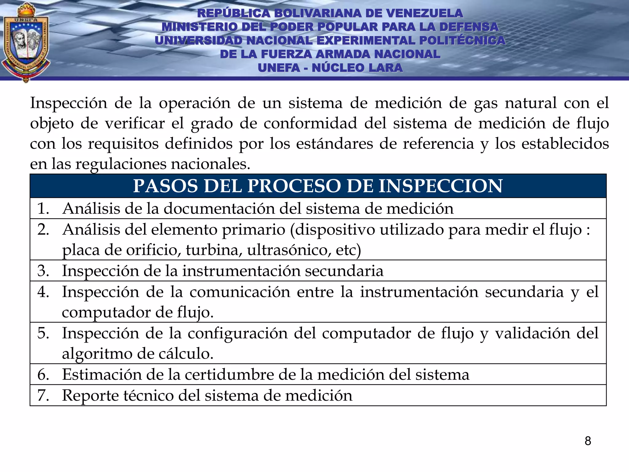 REPÚBLICA BOLIVARIANA DE VENEZUELA
                  MINISTERIO DEL PODER POPULAR PARA LA DEFENSA
                 UNIVERSIDAD NACIONAL EXPERIMENTAL POLITÉCNICA
                          DE LA FUERZA ARMADA NACIONAL
                               UNEFA - NÚCLEO LARA


Inspección de la operación de un sistema de medición de gas natural con el
objeto de verificar el grado de conformidad del sistema de medición de flujo
con los requisitos definidos por los estándares de referencia y los establecidos
en las regulaciones nacionales.
              PASOS DEL PROCESO DE INSPECCION
 1. Análisis de la documentación del sistema de medición
 2. Análisis del elemento primario (dispositivo utilizado para medir el flujo :
    placa de orificio, turbina, ultrasónico, etc)
 3. Inspección de la instrumentación secundaria
 4. Inspección de la comunicación entre la instrumentación secundaria y el
    computador de flujo.
 5. Inspección de la configuración del computador de flujo y validación del
    algoritmo de cálculo.
 6. Estimación de la certidumbre de la medición del sistema
 7. Reporte técnico del sistema de medición

                                                                             8
 