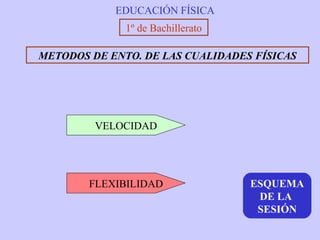 EDUCACIÓN FÍSICA
              1º de Bachillerato

METODOS DE ENTO. DE LAS CUALIDADES FÍSICAS




         VELOCIDAD




        FLEXIBILIDAD               ESQUEMA
                                    DE LA
                                    SESIÓN
 