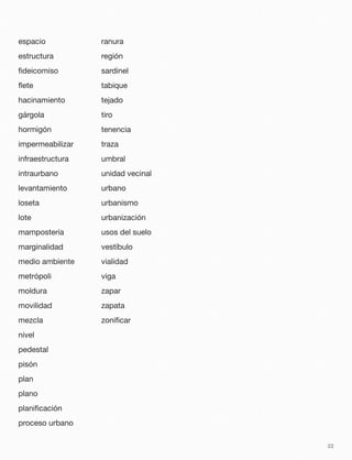 espacio
estructura
ﬁdeicomiso
ﬂete
hacinamiento
gárgola
hormigón
impermeabilizar
infraestructura
intraurbano
levantamiento
loseta
lote
mampostería
marginalidad
medio ambiente
metrópoli
moldura
movilidad
mezcla
nivel
pedestal
pisón
plan
plano
planiﬁcación
proceso urbano
ranura
región
sardinel
tabique
tejado
tiro
tenencia
traza
umbral
unidad vecinal
urbano
urbanismo
urbanización
usos del suelo
vestíbulo
vialidad
viga
zapar
zapata
zoniﬁcar
22
 