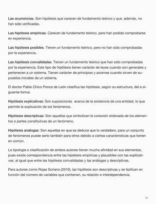 Las ocurrencias. Son hipótesis que carecen de fundamento teórico y que, además, no
han sido veriﬁcadas.
Las hipótesis empíricas. Carecen de fundamento teórico, pero han podido comprobarse
en experiencia.
Las hipótesis posibles. Tienen un fundamento teórico, pero no han sido comprobadas
por la experiencia.
Las hipótesis convalidadas. Tienen un fundamento teórico que han sido comprobadas
por la experiencia. Este tipo de hipótesis tienen carácter de leyes cuando son generales y
pertenecen a un sistema. Tienen carácter de principios y axiomas cuando sirven de su-
puestos iniciales de un sistema.
El doctor Pablo Chico Ponce de León clasiﬁca las hipótesis, según su estructura, del a si-
guiente forma:
Hipótesis explicativas: Son suposiciones acerca de la existencia de una entidad, lo que
permite la explicación de los fenómenos.
Hipótesis descriptivas: Son aquellas que simbolizan la conexión ordenada de los elemen-
tos o partes constitutivas de un fenómeno.
Hipótesis análogas: Son aquellas en que se deduce que lo verdadero, para un conjunto
de fenómenos puede serlo también para otros debido a ciertas características que tienen
en común.
La tipología o clasiﬁcación de ambos autores tienen mucha aﬁnidad en sus elementos,
pues existe correspondencia entre las hipótesis empíricas y plausibles con las explicati-
vas, al igual que entre las hipótesis convalidadas y las análogas y descriptivas.
Para autores como Rojas Soriano (2010), las hipótesis son descriptivas y se tipiﬁcan en
función del número de variables que contienen, su relación e interdependencia.
33
 