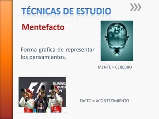 técnicas de estudioMentefactoForma grafica de representar los pensamientos.MENTE = CEREBROFACTO = ACONTECIMIENTO