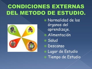 CONDICIONES EXTERNAS DEL METODO DE ESTUDIO.Normalidad de los órganos del aprendizaje.AlimentaciónSaludDescansoLugar de EstudioTiempo de Estudio