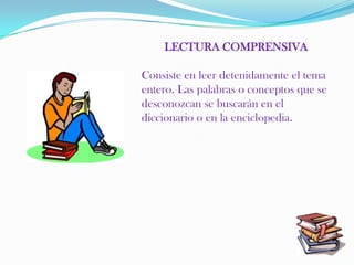 LECTURA COMPRENSIVA

Consiste en leer detenidamente el tema
entero. Las palabras o conceptos que se
desconozcan se buscarán en el
diccionario o en la enciclopedia.
 