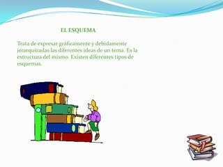 EL ESQUEMA

Trata de expresar gráficamente y debidamente
jerarquizadas las diferentes ideas de un tema. Es la
estructura del mismo. Existen diferentes tipos de
esquemas.
 