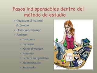 Pasos indispensables dentro del método de estudio  Organizar el material    de estudioDistribuir el tiempo