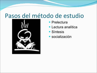 Pasos del método de estudio Prelectura Lectura analítica Síntesis socialización 