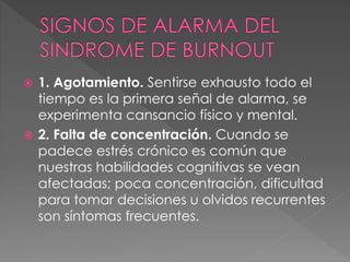 1. Agotamiento. Sentirse exhausto todo el
tiempo es la primera señal de alarma, se
experimenta cansancio físico y mental.
 2. Falta de concentración. Cuando se
padece estrés crónico es común que
nuestras habilidades cognitivas se vean
afectadas; poca concentración, dificultad
para tomar decisiones u olvidos recurrentes
son síntomas frecuentes.
 