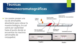  Los casetes poseen una
rea de almohadilla
absorbente para colocar la
muestra biológica, la cual
subirá por capilaridad
hasta el punto donde se
encuentran los reactivos
(almohadilla de
conjugados)
Técnicas
inmunocromatográficas
 