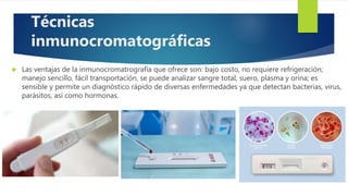  Las ventajas de la inmunocromatrografía que ofrece son: bajo costo, no requiere refrigeración;
manejo sencillo, fácil transportación, se puede analizar sangre total, suero, plasma y orina; es
sensible y permite un diagnóstico rápido de diversas enfermedades ya que detectan bacterias, virus,
parásitos, así como hormonas.
Técnicas
inmunocromatográficas
 