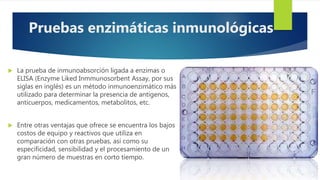  La prueba de inmunoabsorción ligada a enzimas o
ELISA (Enzyme Liked Inmmunosorbent Assay, por sus
siglas en inglés) es un método inmunoenzimático más
utilizado para determinar la presencia de antígenos,
anticuerpos, medicamentos, metabolitos, etc.
 Entre otras ventajas que ofrece se encuentra los bajos
costos de equipo y reactivos que utiliza en
comparación con otras pruebas, así como su
especificidad, sensibilidad y el procesamiento de un
gran número de muestras en corto tiempo.
Pruebas enzimáticas inmunológicas
 